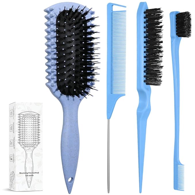 Curl Defining Brush, Curly Hair Brush Products With 3 Pcs Slick Back Hair Brush Set Bristle Brush Edge Control Teasing Comb for women (Blue)