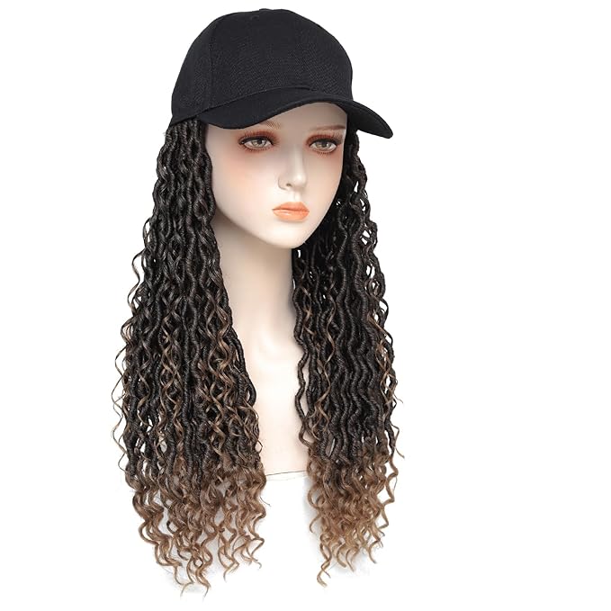 Braided Baseball Cap Wig Faux Locs Hair Extensions with Hat Ombre Light Brown Cap Wig with 18inch Long Synthetic Braiding Hair Attached for Women (18inch T/brown)