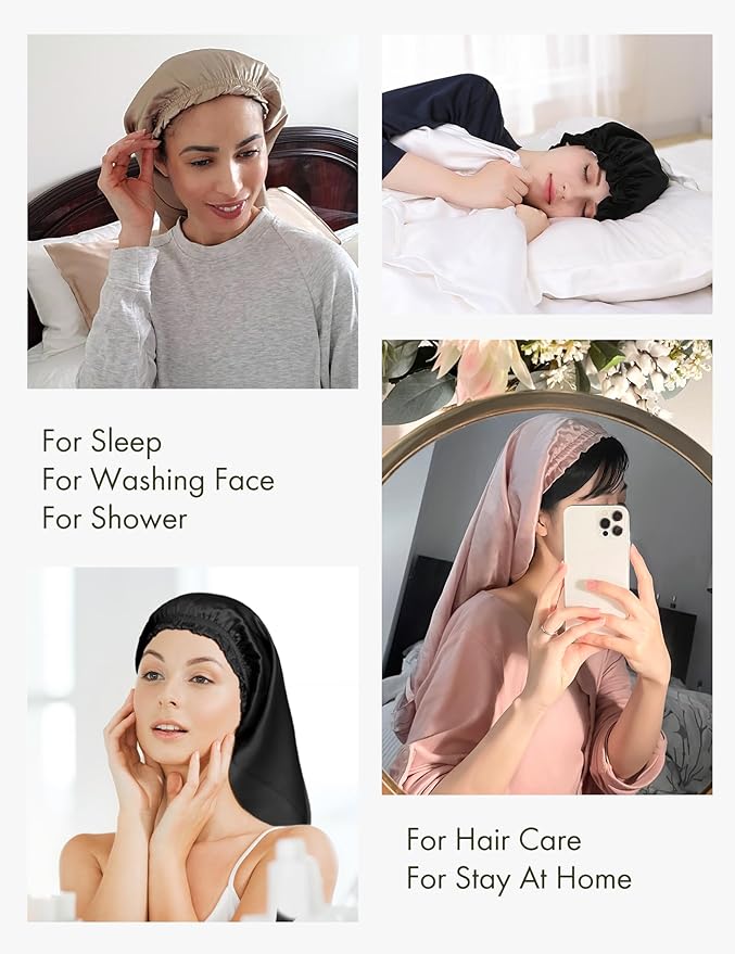 LilySilk Pure Mulberry Silk Long Bonnet for Sleeping - 19MM Silk Hair Cap for Long Curly Hair - Women's Sleep Cap with Elastic Band, Silvergray