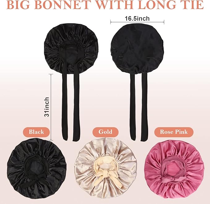 3Pcs Bonnets for Sleeping, Extra Satin Silk Bonnet for Sleeping Women with Tie Band for Curly Hair Jumbo Bonnet Braids