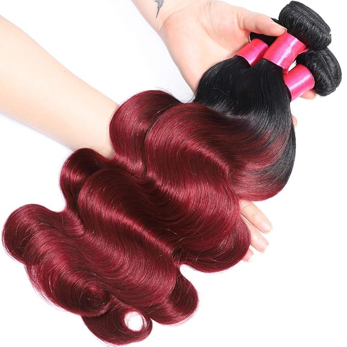 Ombre Human Hair Bundles 1b/99j Brazilian Two Tone Black and Burgund Ombre Body Wave 3 Bundles 10 12 14 inch 100% Unprocessed Virgin Human Hair Bundles Weaves Extensions for Women