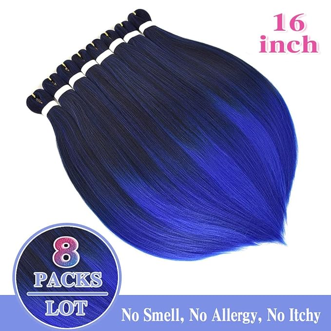 8 Pack Ombre Braiding Hair Pre Stretched - 16" 55G/Pack Premium Pre Stretched Braiding Hair Extensions, Professional Itch Free Perm Yaki Texture Prestretched Hair(1BBlue)