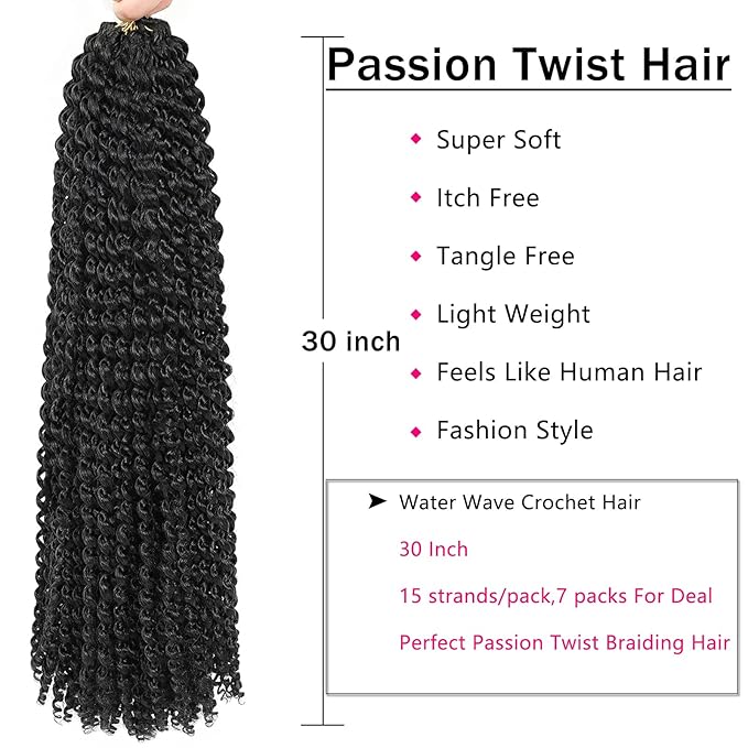 Passion Twist Hair 30 Inch 7 Packs Water Wave Crochet Hair Black Wrap Braiding Hair For Passion Twist Crochet Hair/Butterfly Locs/Spring Twist Crochet Braids Boho Hair Extension (30inch,7pc,1B#)