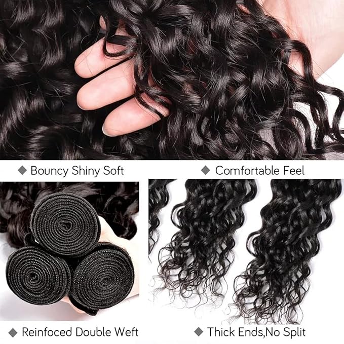 Human Hair Bundles with Closure Water Wave(22 24 26 28+20,Free Part) Brazilian Virgin Hair Weaves Pre Plucked with Baby Hair Wet and Wavy Human Hair Bundles with 4x4 Lace Closure Natural Color