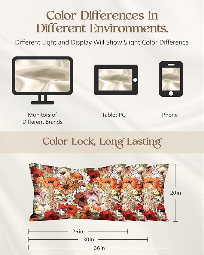 Silk Pillowcase 2 Pack - Pillow Cases 20" x 30" Queen Size Set of 2 for Hair and Skin Smooth Soft Breathable with Hidden Zipper Cooling Pillow Covers for Sleeping,Mushroom Bushes