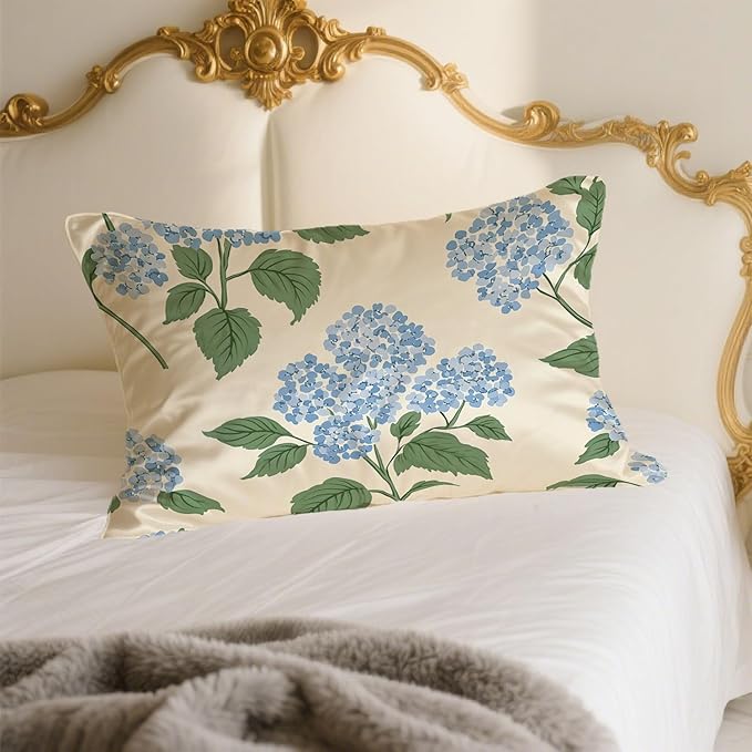 Silk Pillowcase for Hair and Skin Blue Hydrangea Flowers and Leaves Satin Pillowcase Standard Size with Zipper Silky Soft Cooling Satin Pillowcase Sleeping for Women 20"x26"