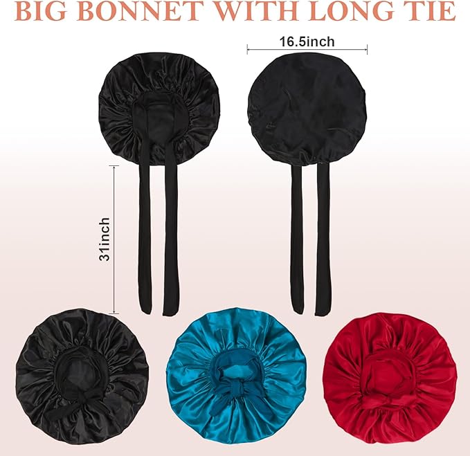 3Pcs Bonnets for Sleeping, Extra Satin Silk Bonnet for Sleeping Women with Tie Band for Curly Hair Jumbo Bonnet Braids