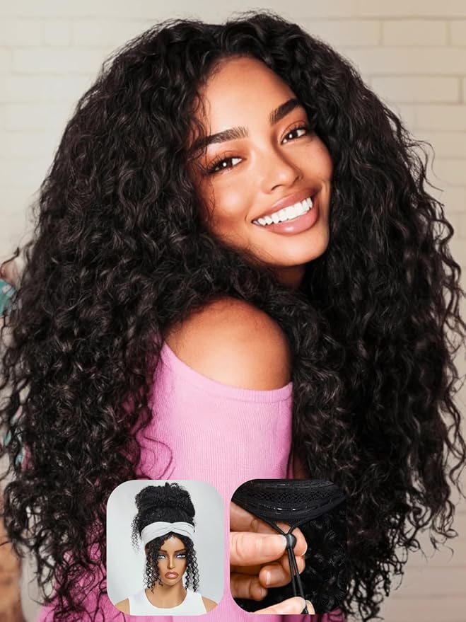 Julia Hair Glueless Half Drawstring Wig Human Hair Water Wave Blend Secure Wear and Go 12A Clip in Half Wig Wear with or Without Headband Wigs Human Hair for Women Beginner Friendly 20 Inch