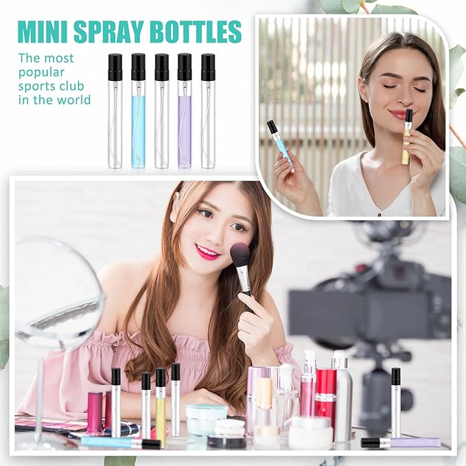 Zhehao 10 Pcs Mini Spray Bottles 10 ml Clear Glass Perfume Bottles Refillable Fine Mist Perfume Atomizer Portable Empty Sample Containers for Cleaning, Essential Oils, Travel (Black Cap)