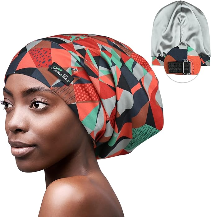 Adjustable Satin Lined Sleep Cap for Dreadlocks Curly Hair Large Head-Stay On Overnight