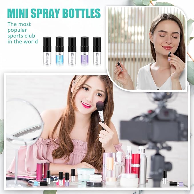 Zhehao 50 Pcs Mini Spray Bottles 2 ml Clear Glass Perfume Bottles Refillable Fine Mist Perfume Atomizer Portable Empty Sample Containers for Cleaning, Essential Oils, Travel (Black Cap)
