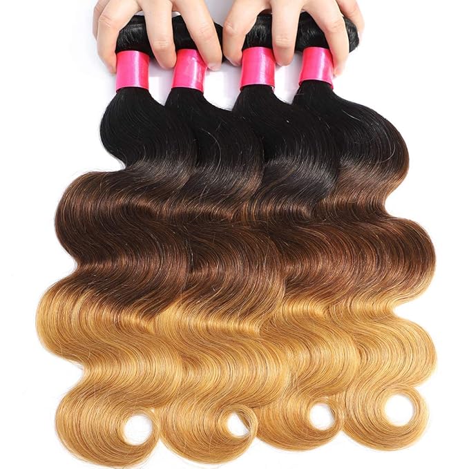 Ombre Human Hair Bundles 1b/4/27 Three Tone Brazilian Ombre Body Wave 3 Bundles 14 16 18inch 100% Unprocessed Virgin Human Hair Bundles Weaves Extensions for Women