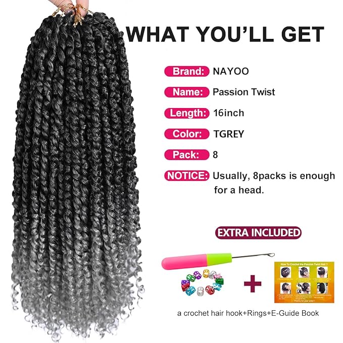 NAYOO Passion Twist Hair - 8 Packs 16 Inch Passion Twist Crochet Hair For Women, Crochet Pretwisted Curly Hair Passion Twists Synthetic Braiding Hair Extensions(16 Inch 8 Packs, TGREY)