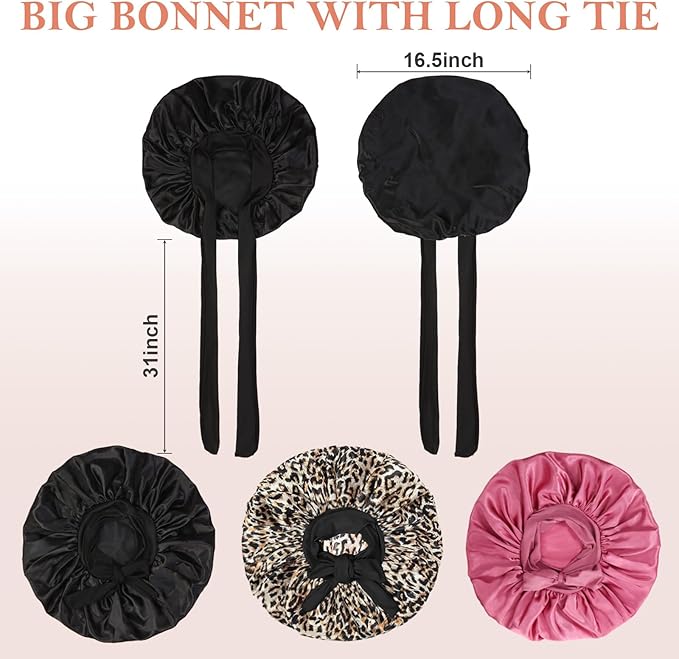 3Pcs Bonnets for Sleeping, Extra Satin Silk Bonnet for Sleeping Women with Tie Band for Curly Hair Jumbo Bonnet Braids