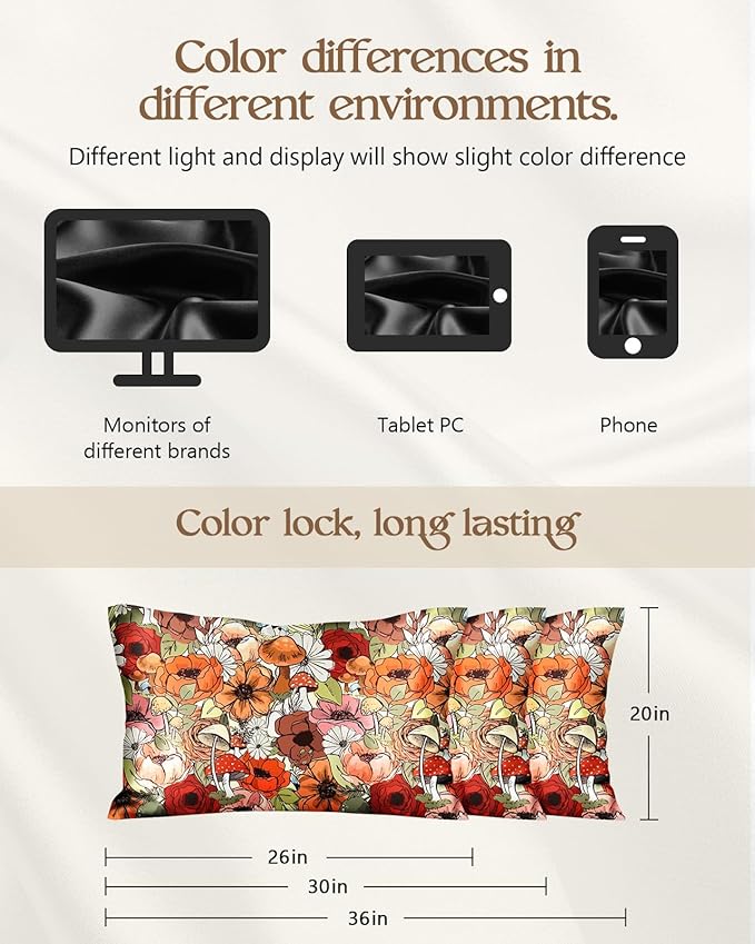 Silk Pillowcase 2 Pack - Cute Pillow Cases 20" x 26" Standard Size Set of 2 for Hair and Skin Smooth Soft Breathable with Hidden Zipper Cooling Pillow Covers for Sleeping, Mushroom Bushes