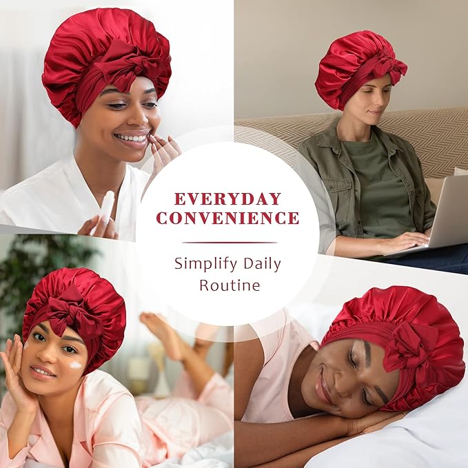 Satin Hair Bonnet Wide Band - Silk Like Sleeping Bonnets for Curly Hair Hair Wrap for Night Cap with Tie Band Breathable Satin Bonnet for Women and Girls (Red)