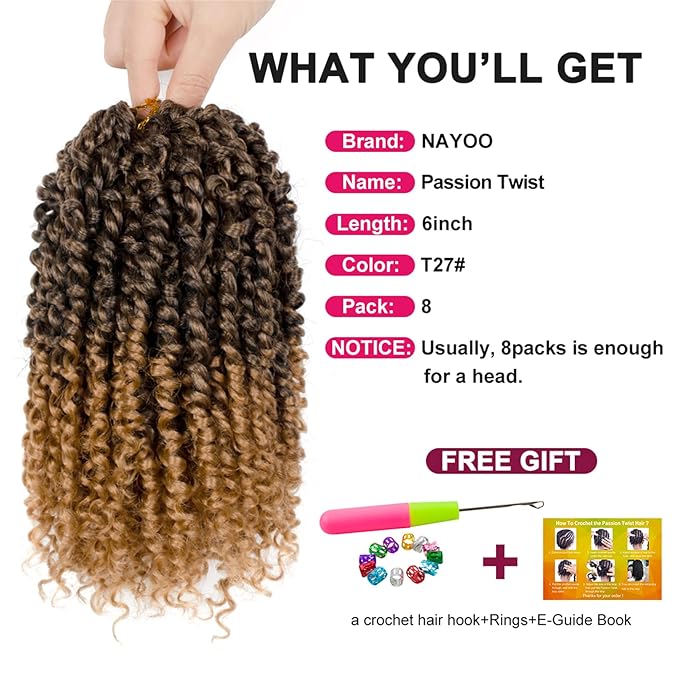 Passion Twist Hair - 8 Packs 6 Inch Passion Twist Crochet Hair For Women, Crochet Pretwisted Curly Hair Passion Twists Synthetic Braiding Hair Extensions(6 Inch 8 Packs, T27)