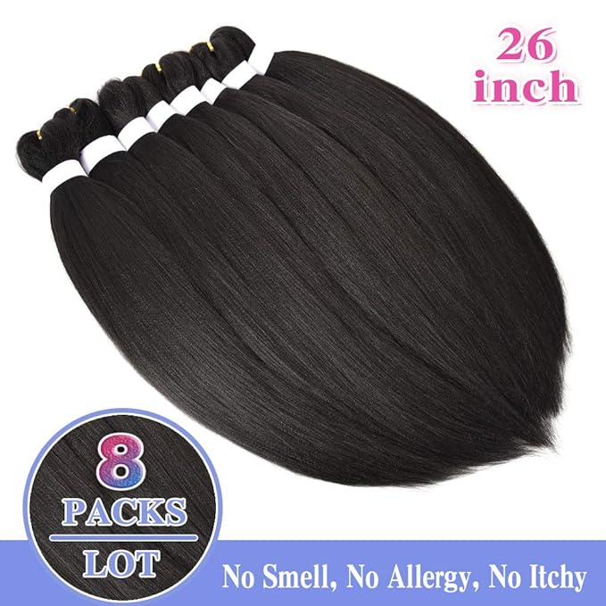 8 Pack Braiding Hair Pre Stretched - 26" 100G/Pack Premium Pre Stretched Braiding Hair Extensions, Professional Itch Free Hot Water Setting Perm Yaki Texture Prestretched Hair(1B)