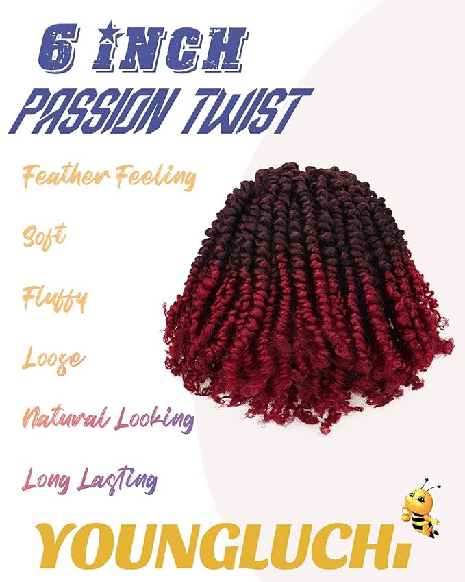 Super Short Passion Twist Crochet Hair for Black Women and Kids-6 Inch 7 Packs Ombre Burgundy Pre Looped Pre-twisted Passion Twist Hair,Bob Spring Kinky Twist Bohemian Curl(6"-7P,TBUG)