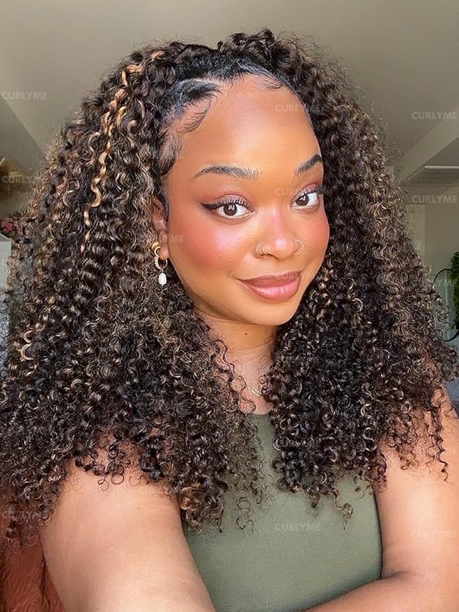Curlyme Ombre Honey Blonde Kinky Curly Half Wig Human Wear and Go Glueless Install Flexible Fit 3 In 1 2/30 Color Half Wig Flip Over Invisible Hairline 18 Inch