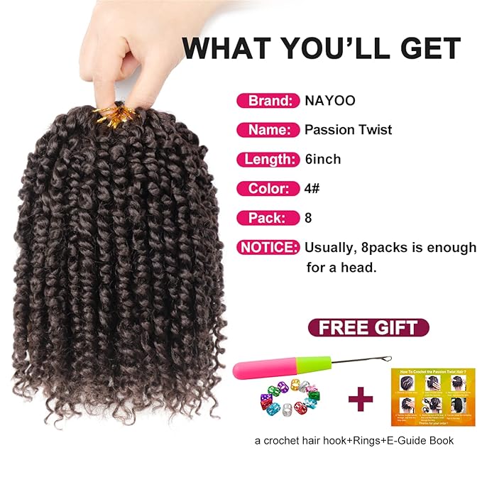 Passion Twist Hair - 8 Packs 6 Inch Passion Twist Crochet Hair For Black Women, Crochet Pretwisted Curly Hair Passion Twists Synthetic Braiding Hair Extensions(6 Inch 8 Packs, #4)
