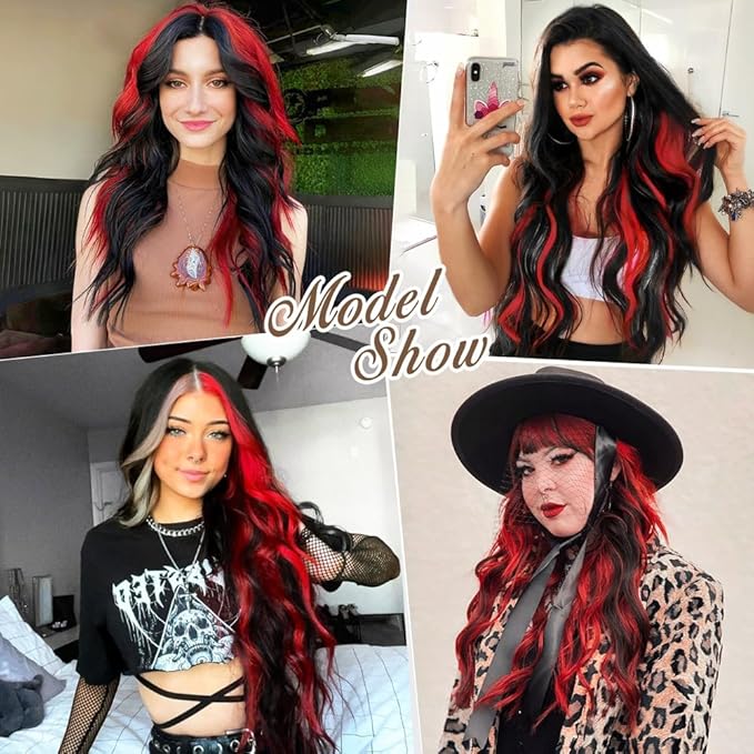 ALXNAN Clip in Long Wavy Hair Extension 24 Inch Black Red Highlights Hair Extensions 4PCS Thick Hairpieces Fiber Double Weft Hair for Women