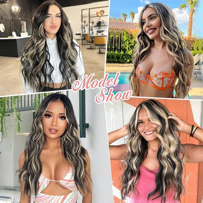 ALXNAN Clip in Long Wavy Synthetic Hair Extension 24 Inch Black with Blonde Highlights 4PCS Thick Hairpieces Fiber Double Weft Hair for Women