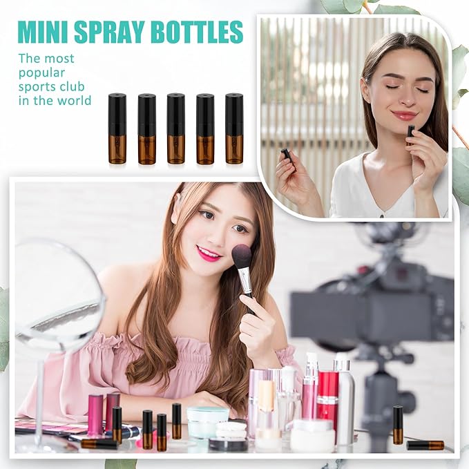 Zhehao 25 Pcs Mini Spray Bottles 2 ml Clear Glass Perfume Bottles Refillable Fine Mist Perfume Atomizer Portable Empty Sample Containers for Cleaning, Essential Oils, Travel (Amber)