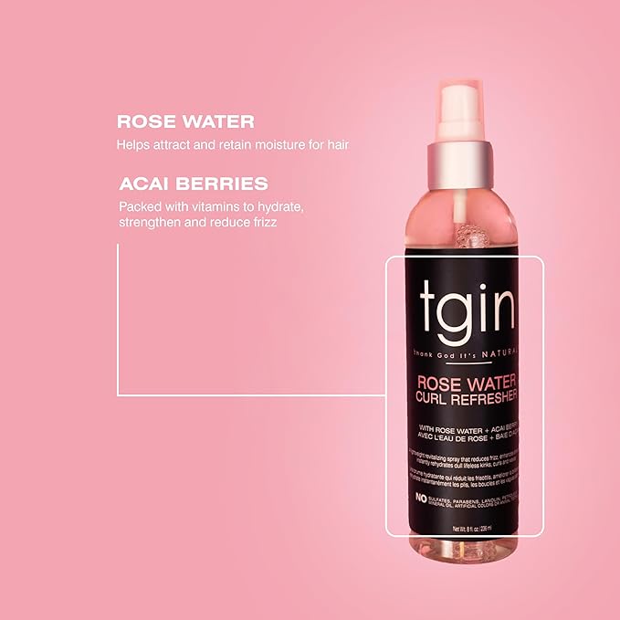 tgin Rose Water Curl Refresher – Curl Spray for Curly, Coily, and Wavy Hair – tgin Hair Products Enhances Shine, Reduces Frizz, and Moisturizes Dry Curls & Scalp – Acai Berry & Rose Water – 8 Fl Oz