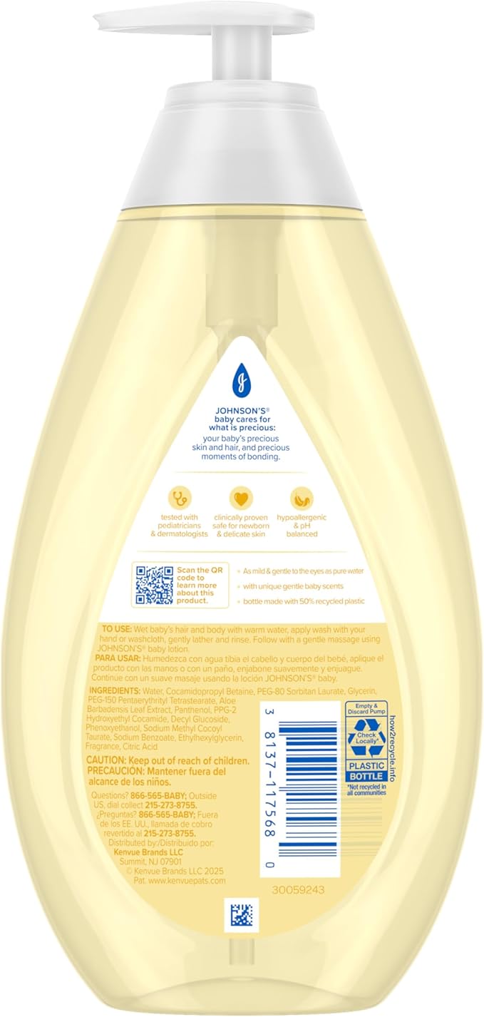 Johnson's Baby Head-To-Toe Baby Wash & Shampoo + Aloe & Vitamin B5, 2-in-1 Bath Wash Gently Cleanses Newborn's Delicate Skin & Hair, Hypoallergenic, No Added Parabens, Dyes & Sulfates, 27.1 fl. oz