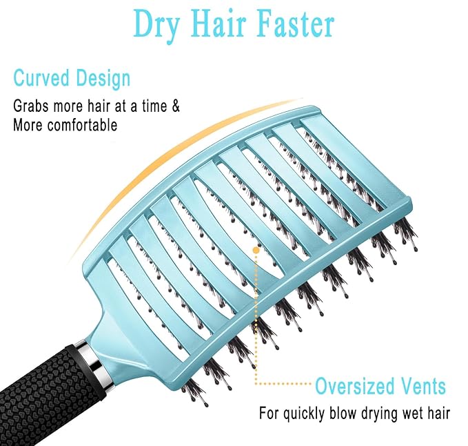 KTKUDY Detangling Brush Boar Bristles Hairbrush Make Hair Shiny & Healthier Curved and Vented Detangler Brush for Women Men Kids Wet and Dry Hair (light Blue)
