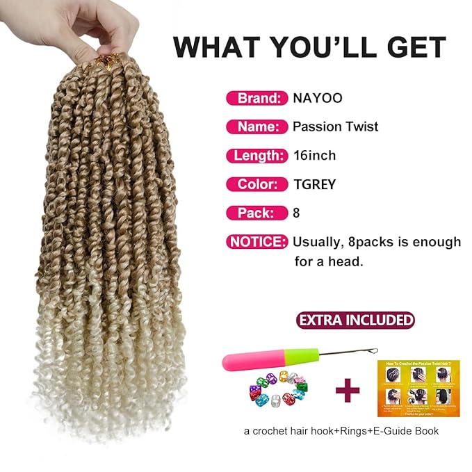 NAYOO Passion Twist Hair - 8 Packs 16 Inch Passion Twist Crochet Hair For Women, Crochet Pretwisted Curly Hair Passion Twists Synthetic Braiding Hair Extensions (16 Inch 8 Packs, T27/613)