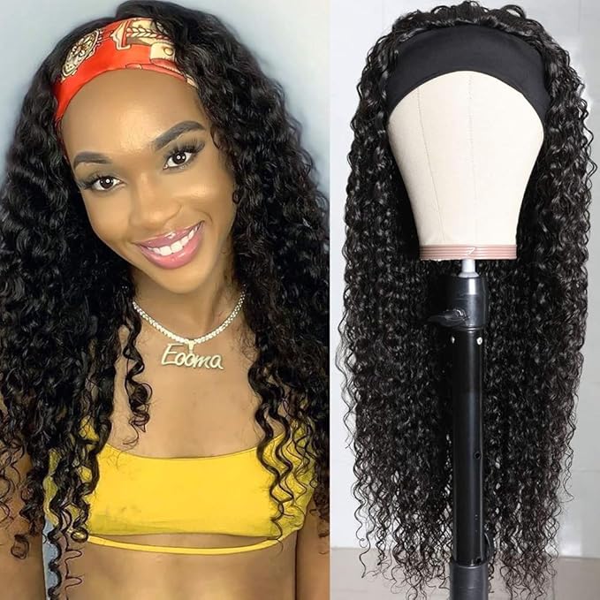 Eooma Curly Headband wig Human Hair 16 inch No Gel Kinky Curly Headband Wigs for Black Women 180 Density Scarf None Lace Front Wigs Human Hair