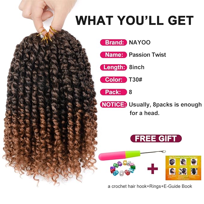 Passion Twist Hair - 8 Packs 8 Inch Passion Twist Crochet Hair For Women, Crochet Pretwisted Curly Hair Passion Twists Synthetic Braiding Hair Extensions(8 Inch 8 Packs, T30)