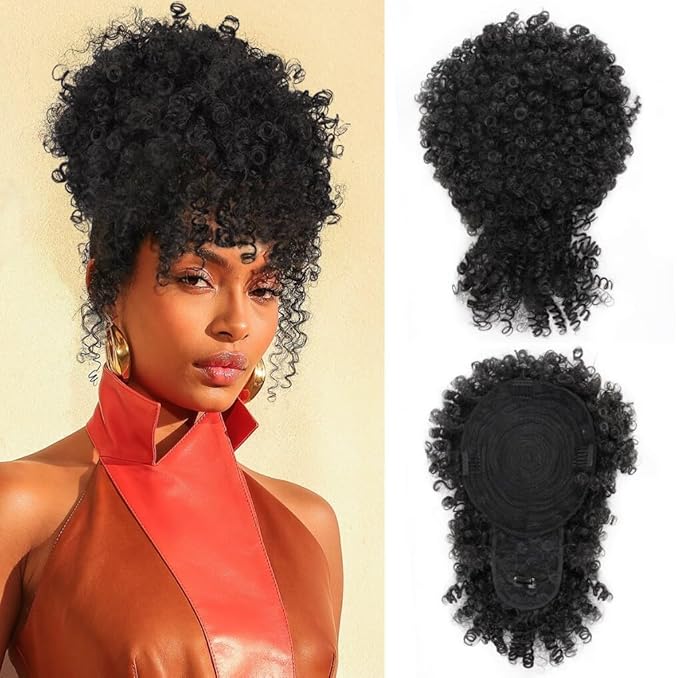 Drawstring Ponytail for Black Women, Afro Puff Kinky Curly Hair Ponytail Extension with Bangs Updo Natural Hair Ponytail