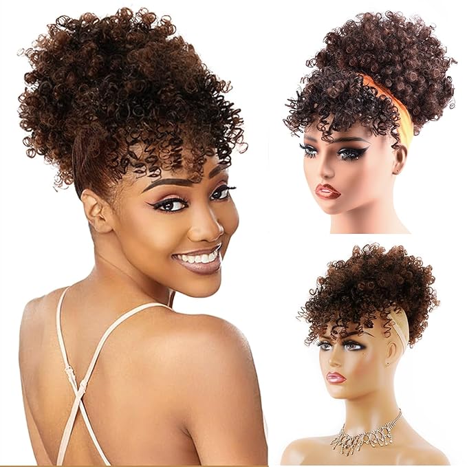 Afro Puff Jerry Curls Afro Puff Non Drawstring Ponytail with bangs Synthetic Fauxhawks Short Afro Puff Kinky Curly