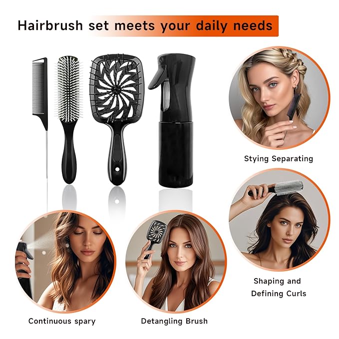 11 Pcs Hair Brush Set, Detangle Hair Brush And Spray Bottle, 3 Pieces Smooth Hairbrush For Toddlers, Suitable For Wet and Dry Hairstyles, Suitable For Adults And Children(Black)
