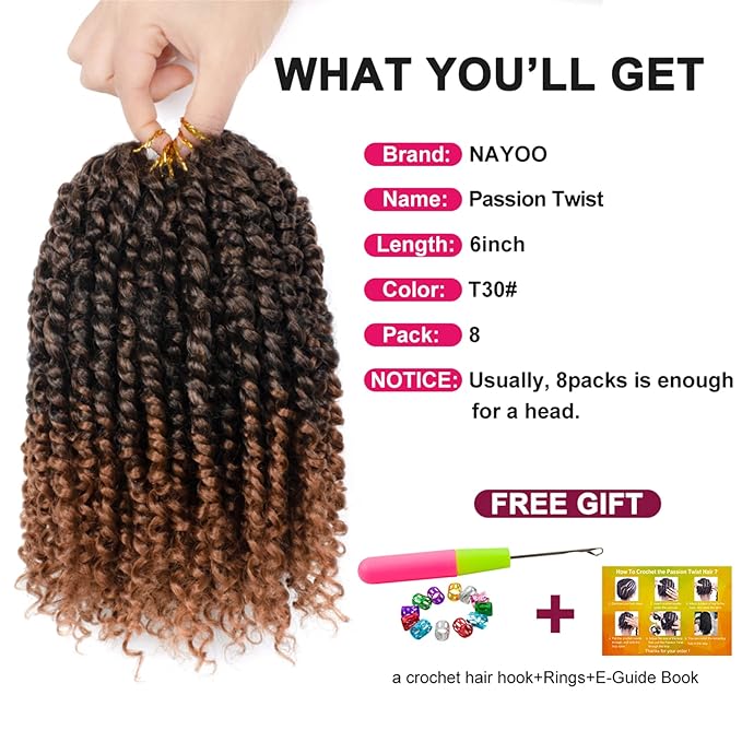 Passion Twist Hair For Kids - 8 Packs 6 Inch Passion Twist Crochet Hair For Black Women, Crochet Pretwisted Curly Hair Passion Twists Synthetic Braiding Hair Extensions(6 Inch 8 Packs, T30)