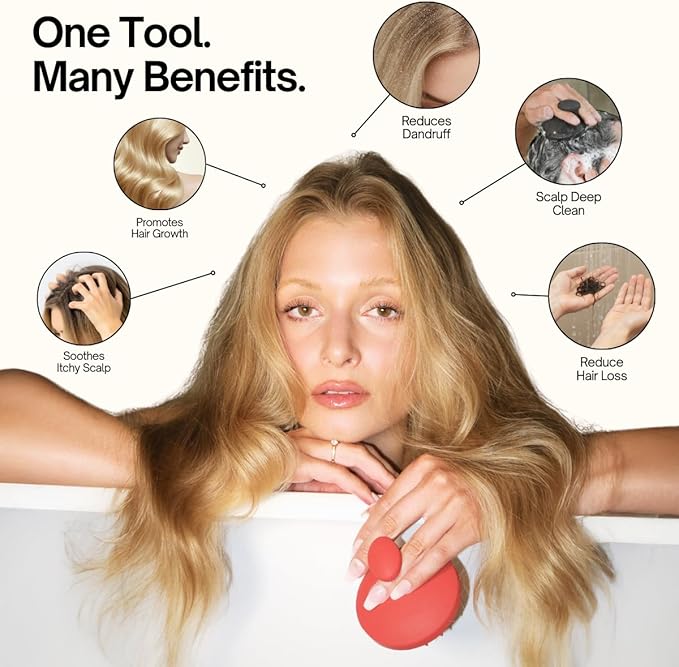 SXNSE - Revive Silicone Scalp Massager, Cherry - Manual Hair & Scalp Scrubber for Dandruff, Buildup, Itch, & Hair Growth - Soft Exfoliating Silicone Bristles for Wet & Dry Hair, Flake-Free Finish