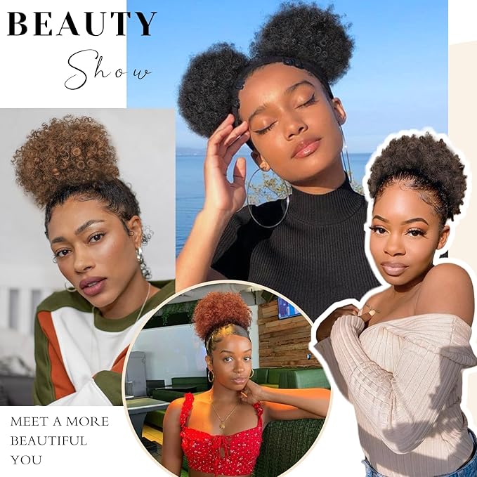 AISI QUEENS Synthetic Curly Puff Drawstring Ponytail Faux Buns Short Kinky Curly Hair Ponytail Hair Extension Updo Wrap Fiber Wig Large Size Black to Auburn Brown(1B/30#)