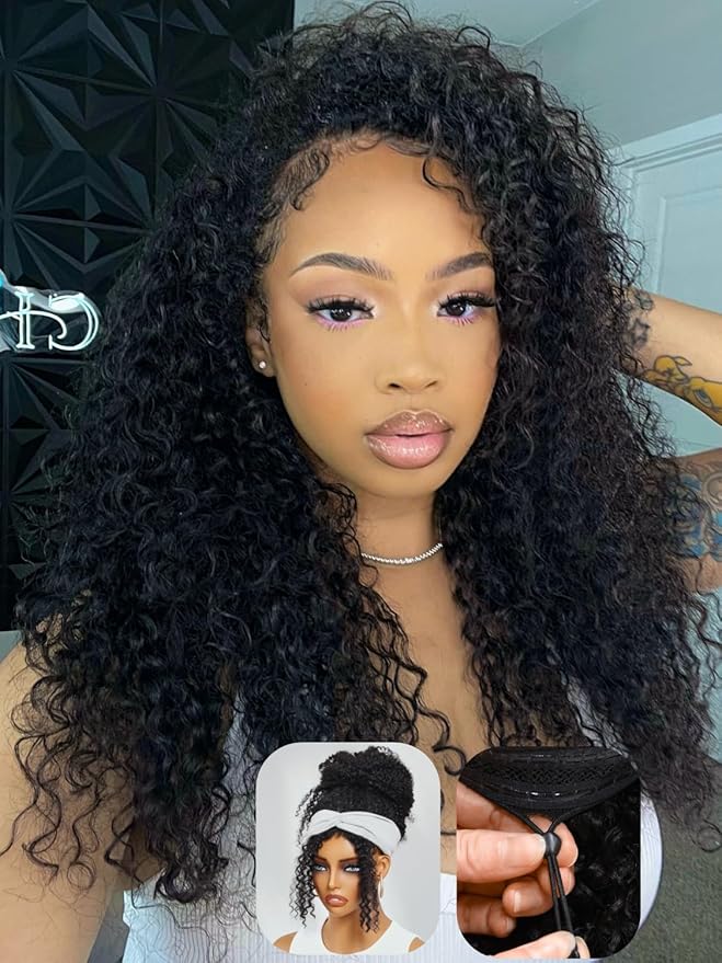 Julia Hair Afro Kinky Curly Half Wigs Human Hair 4C Blend Edges Hairline with Drawstring 3 In 1 Flip Over Clip in Glueless Beginner Friendly Headband Curly 3/4 Half Wig for Women 22 Inch