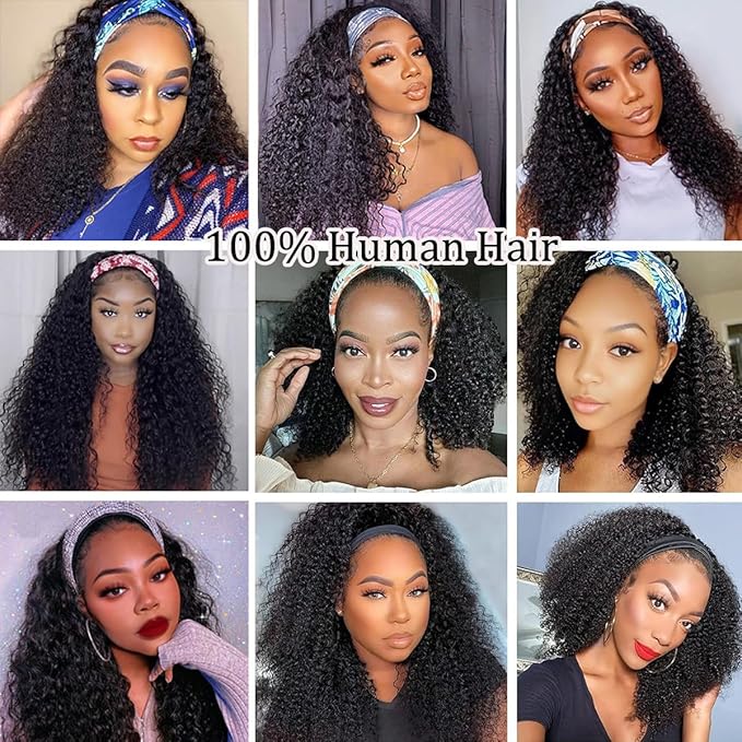 Headband Wig Human Hair For Black Women 16 Inch Wet And Wavy Head Band Wigs Human Hair No Lace Deep Curly Headband Wigs Natural Black Color