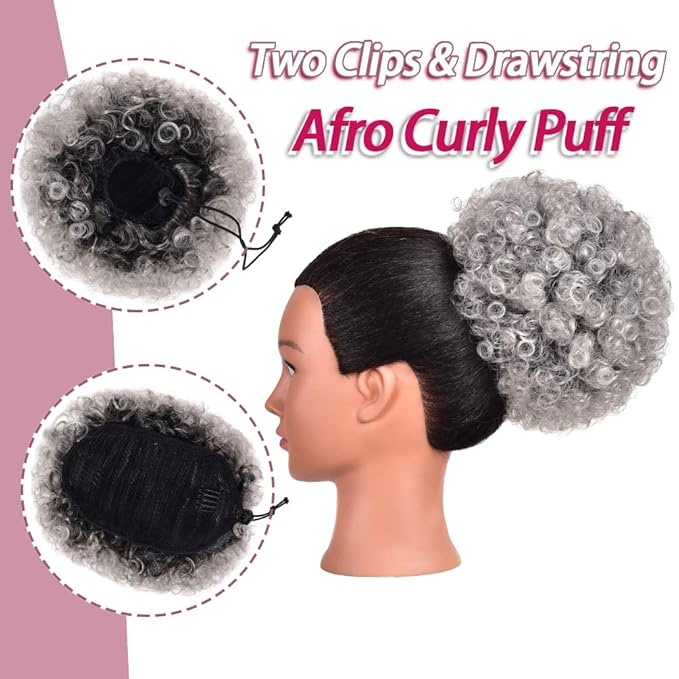 rosmile Afro Puff Drawstring Ponytail Extension for Black Women, Premium Ombre Gray #1BT0906 80 Gram Short Synthetic Afro Puff Ponytail for Natural Hair, Clip On Kinky Drawstring Curly Ponytail Bun