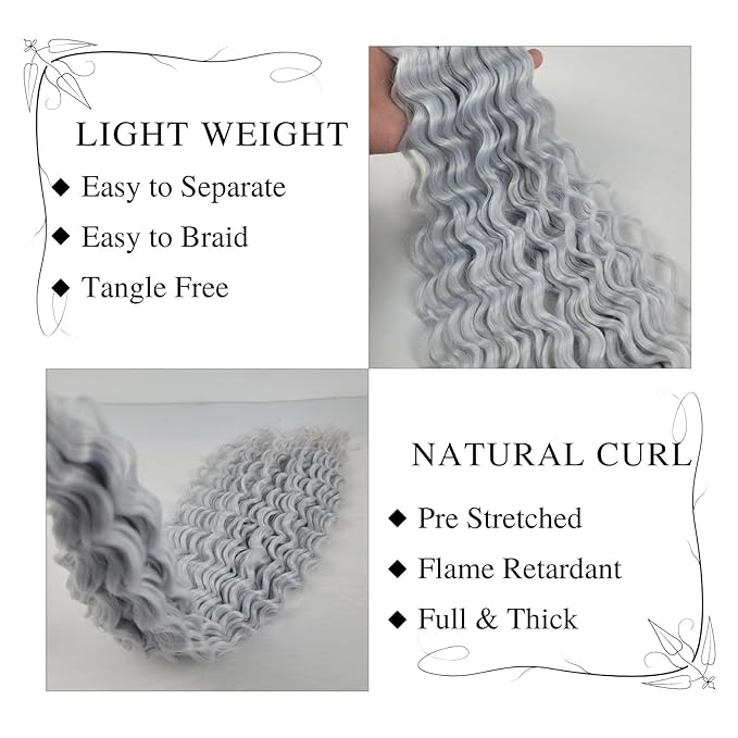 Silver Grey Braiding Hair Pre stretched for Boho Braids Deep Wave Curly Braiding Hair Prestretched for Bohemian Braids Hot Water Setting