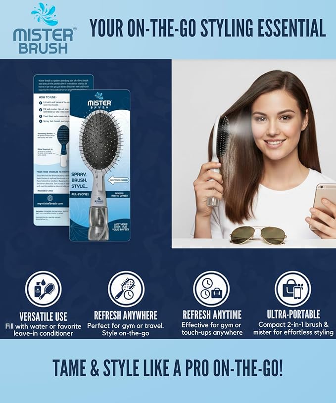 2-in-1 Hairbrush Mister – Innovative Hair Mist & Brushing Tool for Wet & Dry Hair Styling – No-Tangle Bristles, Convenient Water Reservoir, Easy-to-Use (White)