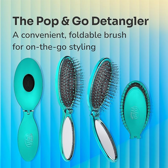 Wet Brush Pop Go Detangler, Blue Teal - Foldable, On-The-Go Design, Travel Brush, Ultrasoft IntelliFlex Bristles, Detangling Hairbrush, Built-In Mirror Handle, Wet & Dry, All Hair Types
