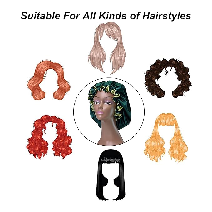 Silk Bonnet for Sleeping Satin Bonnets Double Layer Reversible Hair Cap Bonnet for Women Long Curly Braid Hair (Dark Green)