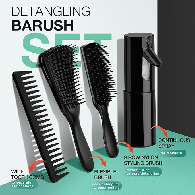 Hommtina 4pcs Detangling Brush Set Getting Shine and Makes Hair Smooth, Curly Hair Brush for Adult & Kids Wet or Dry Hair (3 PCS, Black+Black)