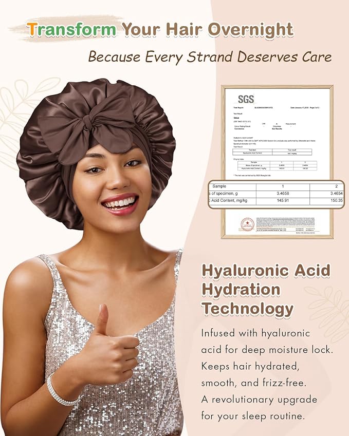 BONNET QUEEN Silk Bonnet for Sleeping Women HYALURONIC Acid Reversible Double Layer Satin Bonnet Night Sleep Cap Wrap for Curly Hair with Adjustable Tie Band & Scrunchie, Champagne & Brown