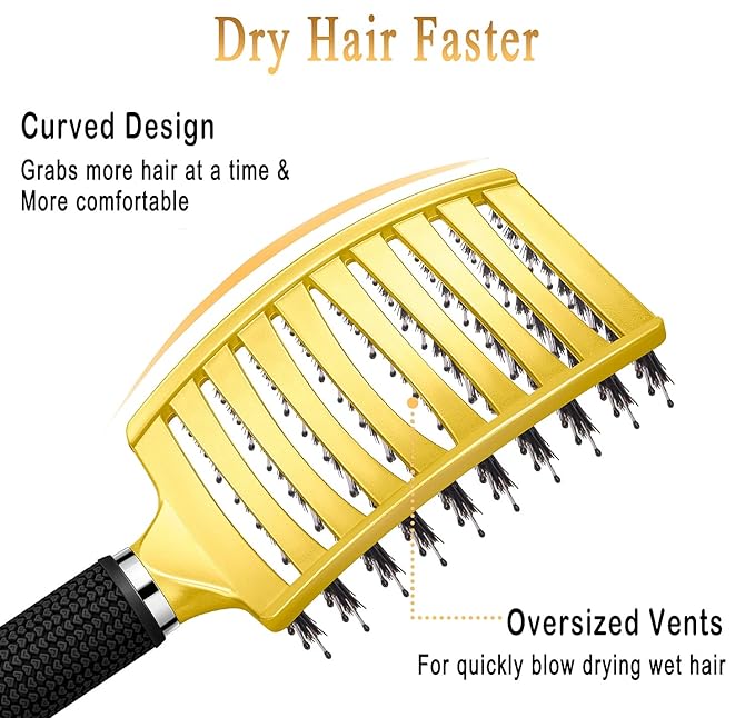KTKUDY Detangling Brush Boar Bristles Hairbrush Make Hair Shiny & Healthier Curved and Vented Detangler Brush for Women Men Kids Wet and Dry Hair (Yellow)